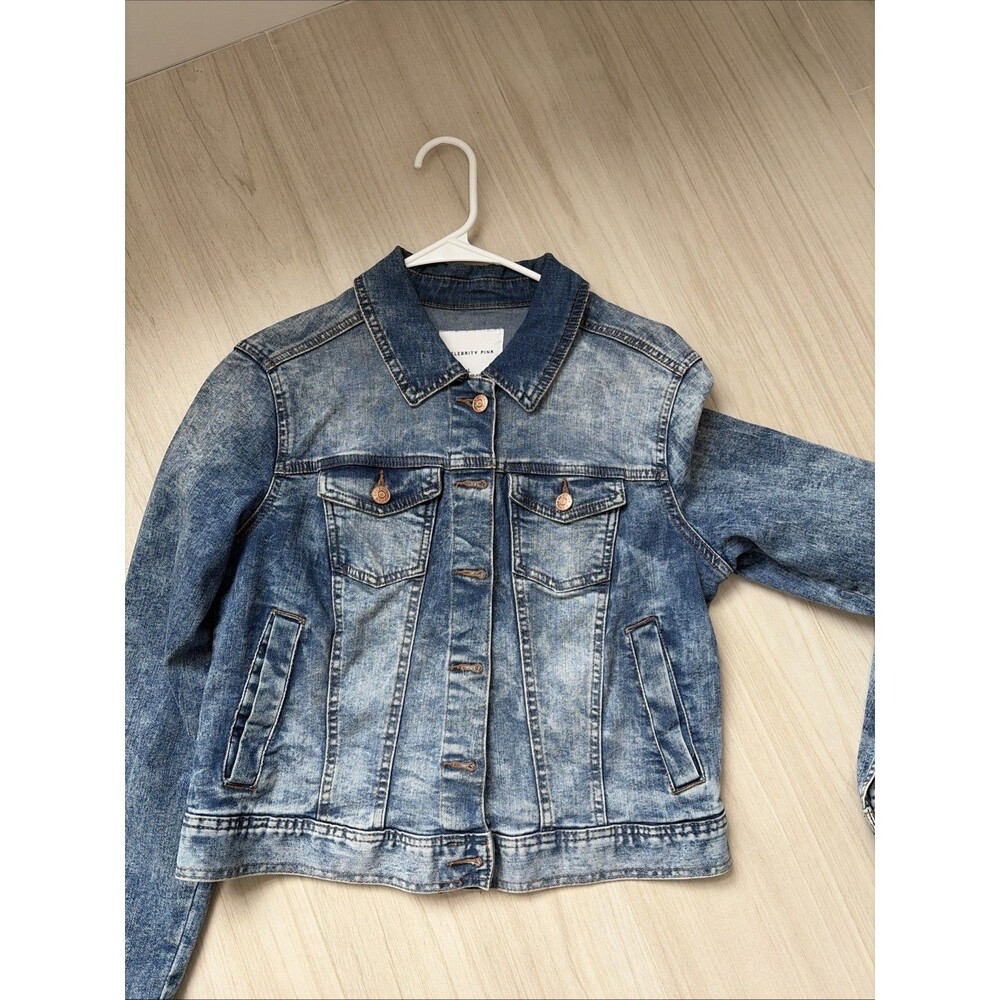 Celebrity Pink Women’s Blue Button Front Collared Pocket Jean Jacket Size L